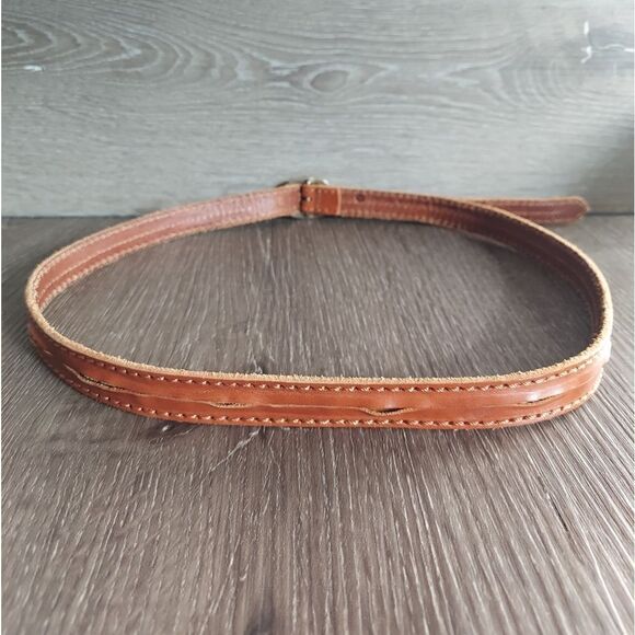 LP by Linea Pelle Brown Leather Skinny Belt Gold Sequin Accents Small - Picture 2 of 8
